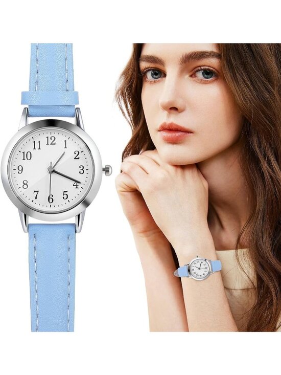 Women\'s Blue White Analog Quartz Leather Band Round Dial Waterproof Wrist Watch main image 6